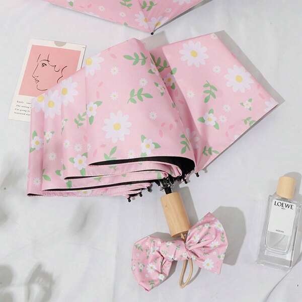 1pc 8 Rib Tri-Fold Ditsy Floral Umbrella, Black Lace UV Protection Sun & Rain Umbrella, Suitable For Students & Adults