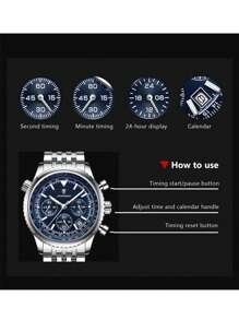 POEDAGAR 1pc Men's Fashionable Quartz Watch, Stainless Steel Multi-Function Date Chronograph Waterproof Luminous Pointer Wristwatch, Suitable For Business Occasions
