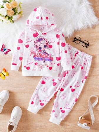 女童两件套可爱女孩印花连帽衫和裤子