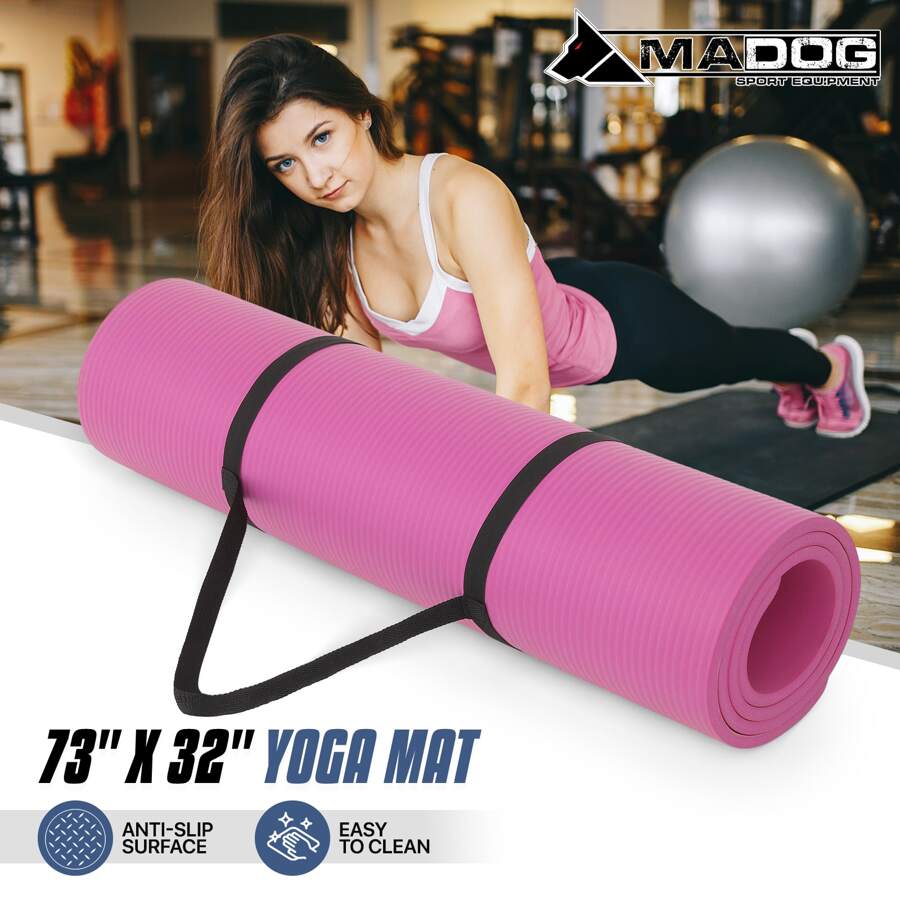 MADOG 73x32" Thick Yoga Mat Floor Pad, High Density Foam Exercise Yoga Mat Anti-Tear With Carrying Strap, Black - Pink - View 1