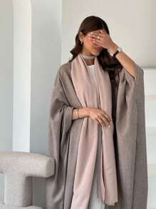 1 件女士亚麻长款蝙蝠袖连衣裙 Abaya，迪拜阿拉伯前开襟长袍，宽松休闲缎面披肩领开衫，适合日常穿着、活动配饰女士 - 卡其色 - 查看 1