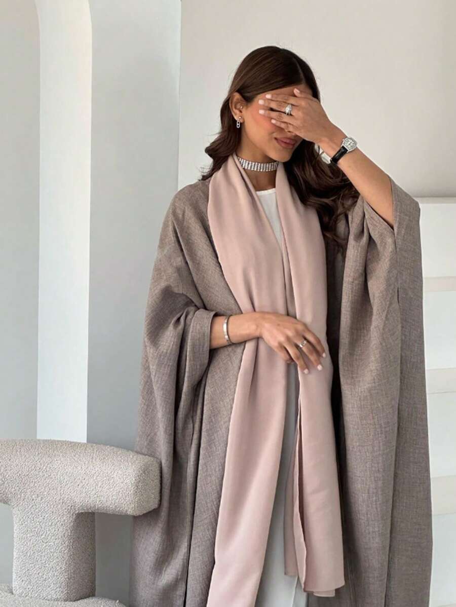 1 件女士亚麻长款蝙蝠袖连衣裙 Abaya，迪拜阿拉伯前开襟长袍，宽松休闲缎面披肩领开衫，适合日常穿着、活动配饰女士 - 卡其色 - 查看 1