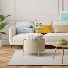 ❤️Round Side Table, Nursery Side Table, End Table With Fabric Storage Basket, Metal Small Nightstand With Removable Tray For Living Room, Bedroom, Nursery - Mint Green - View 4