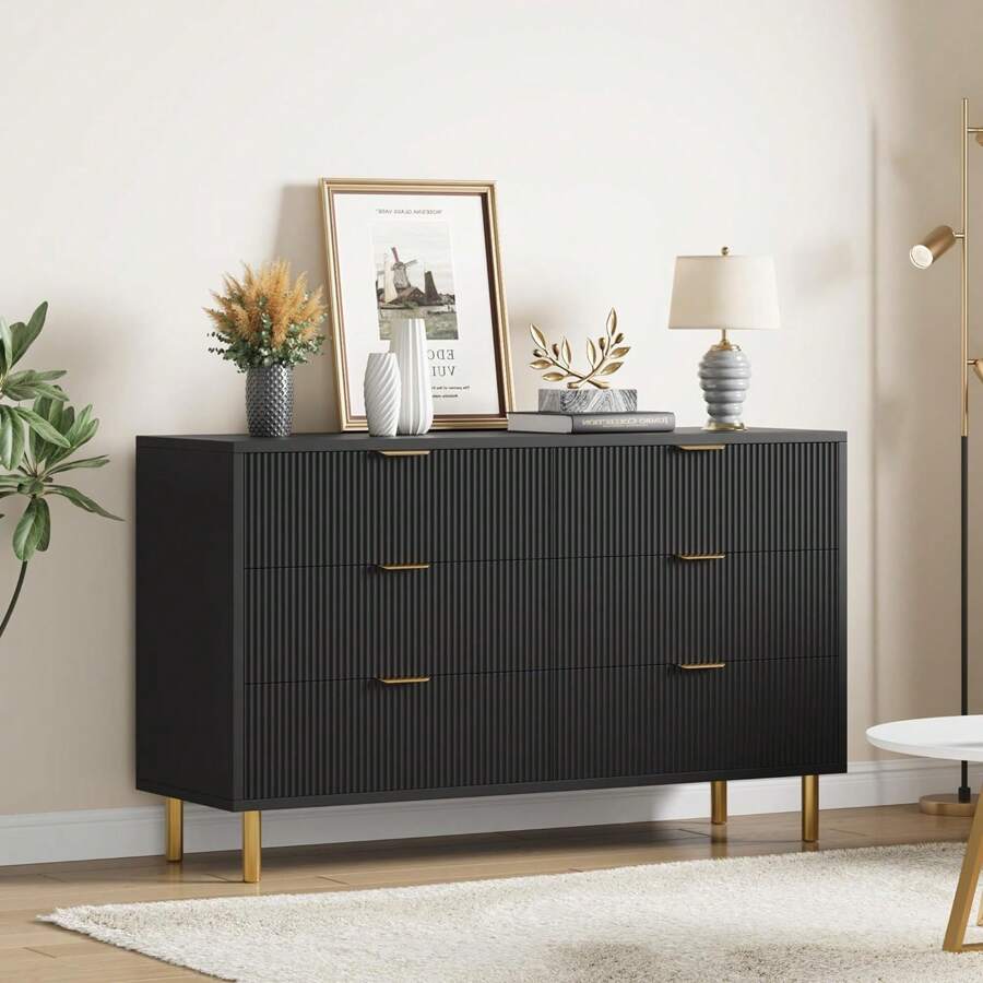 56" Wide Dresser Organizer, Wood Dresser With Metal Legs, Black 6 Drawer Dresser For Bedroom,  Modern Chest Of Drawers, Large Dresser For Closet, Living Room, Hallway - Black - View 1