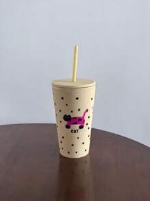 1入組卡通花系列塑料吸管杯，扁平底杯，旅行戶外杯，汽車杯，可重複使用的飲料杯，節日禮物，16.23安士/480毫升