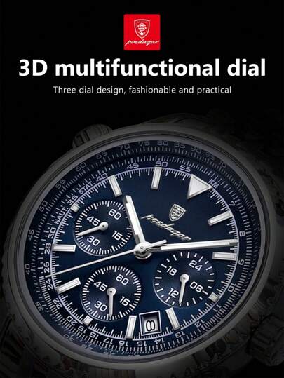 POEDAGAR 1pc Men Quartz Watchs, Stainless Steel Multi Function Date Chronograph Waterproof Luminous Pointer Watch, Wristwatches Business Occasions view 5