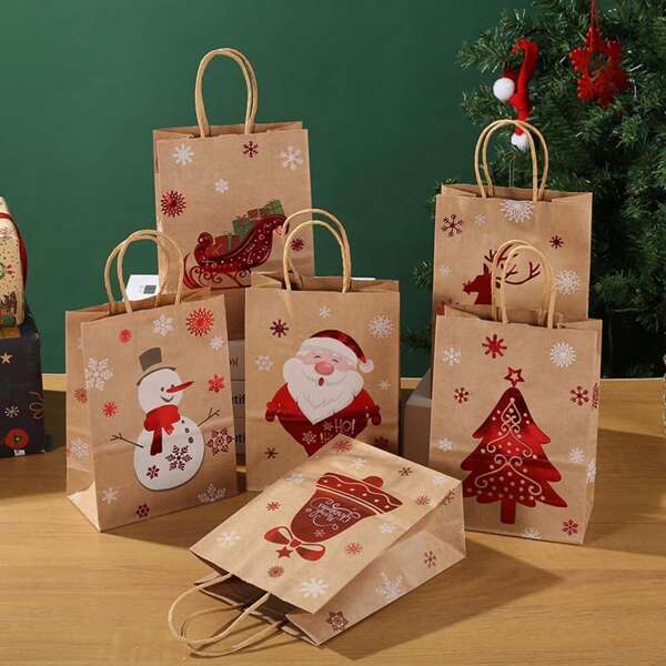 6pcs Gift Bags, Kraft Paper Bags, Goody Bags, Small Gift Bags With Handles, Xmas Treat Bags For Holiday Paper Gift Bags Party Gift Bags Party Supplies Birthday