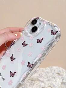 1pc Clear Butterfly & Flower Pattern TPU Camera Full Cover Phone Case, Compatible With Apple IPhone 16 Series, Series