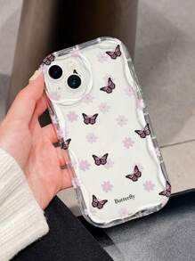 1pc Clear Butterfly & Flower Pattern TPU Camera Full Cover Phone Case, Compatible With Apple IPhone 16 Series, Series