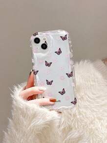 1pc Clear Butterfly & Flower Pattern TPU Camera Full Cover Phone Case, Compatible With Apple IPhone 16 Series, Series