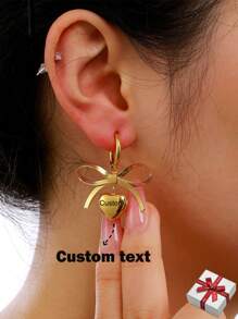 Personalized Engraved Heart Shaped Stainless Steel Name Earrings For Women, Bowknot Earrings, Jewelry & Gift For Mother's Day - Gold - View 1