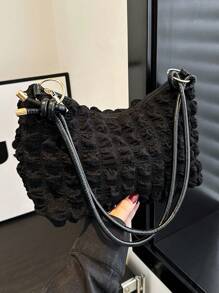 甜美風格女式氣泡褶皺單肩包，百搭純色腋下包，小型手機零錢包晚宴手提包，戶外旅行度假購物袋，學生和白領通勤背書包 - 黑色 - 查看 3