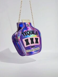 Y2K Street Style Holographic Glitter Wine Bottle Shaped Shoulder Bag, Novelty Bag, Creative Reflective Personalized Embroidered Letter Crossbody Bag For Women - Purple - View 7