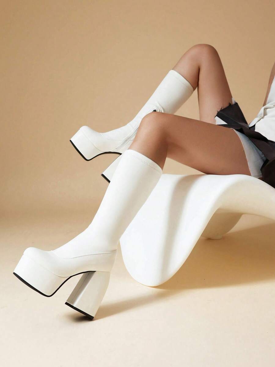 Fashion Black Platform Boots Chunky High Heels Side Zipper Stretch Leather Knee High Boots White Platform Boost For Women - 白色 - 查看 1