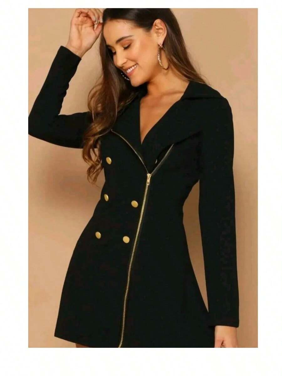 vestido corto con botonadura dorada con cierre cómodo y sexy ideal para fiestas - Negro - Ver 1