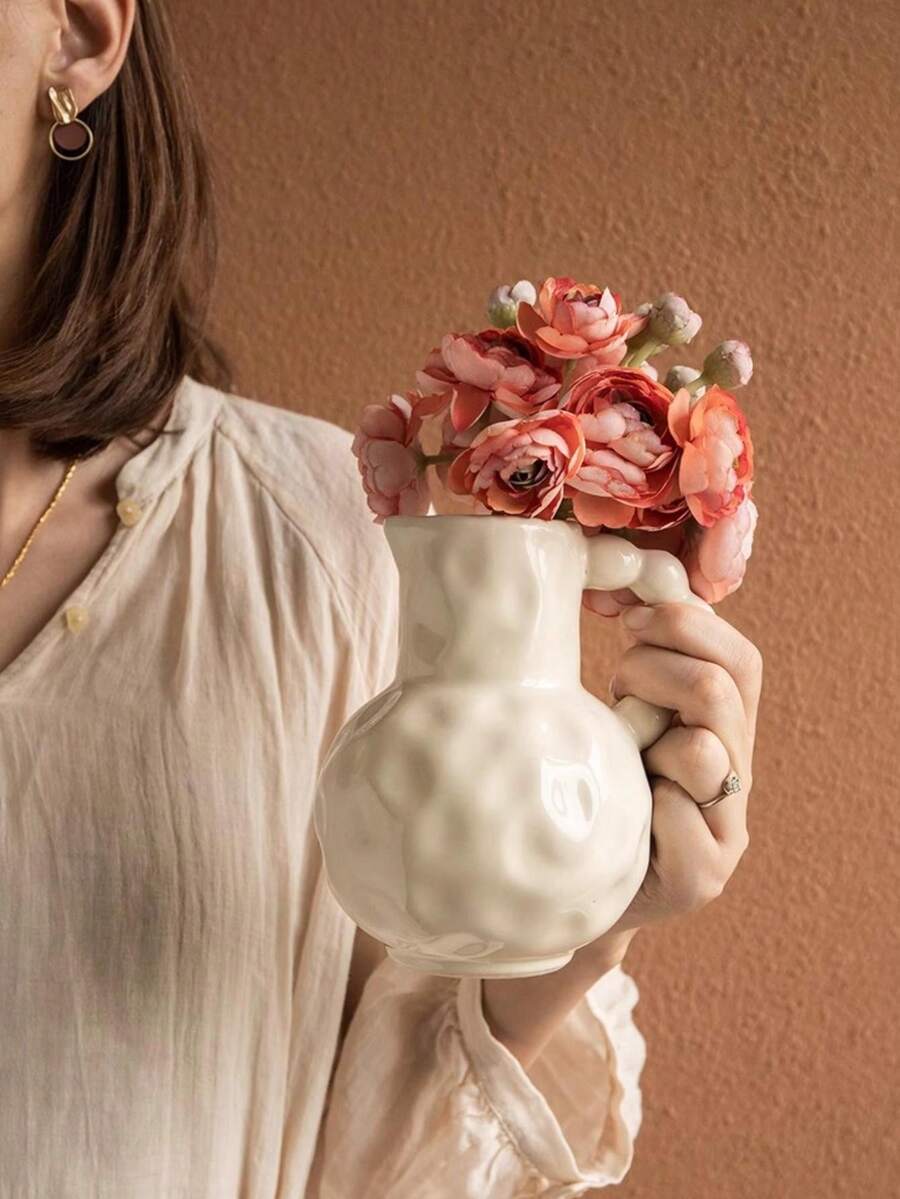 1入組珍珠手柄陶瓷奶罐，客廳裝飾，仿奶油風格花瓶，適用於各種場合裝飾和攝影