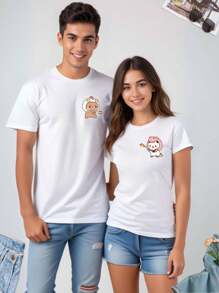 Playeras para parejas, kit Duo, Dos piezas, estampado dibujo animado , Pollo dragon enamorados, playera basica , novios, hermanos, esposos, amigos, basico, casual - Blanco - Ver 2