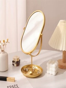 1 件金属框架高清玻璃化妆镜，多功能设计，带存放底座，可存放耳环、耳钉、口红、香水、可旋转镜子、家居装饰