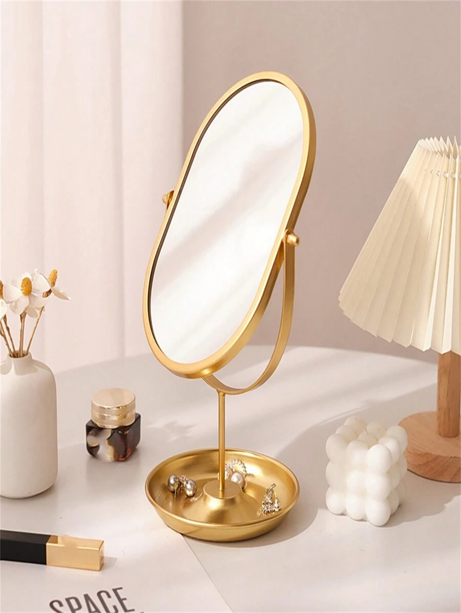 1 件金属框架高清玻璃化妆镜，多功能设计，带存放底座，可存放耳环、耳钉、口红、香水、可旋转镜子、家居装饰