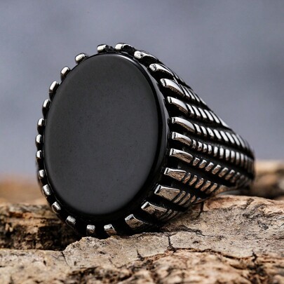 1 Pezzo Anello Classico Minimalista In Acciaio Inossidabile Vintage Lucido E Ovale Con Gemma In Agata Nera Per Uomo