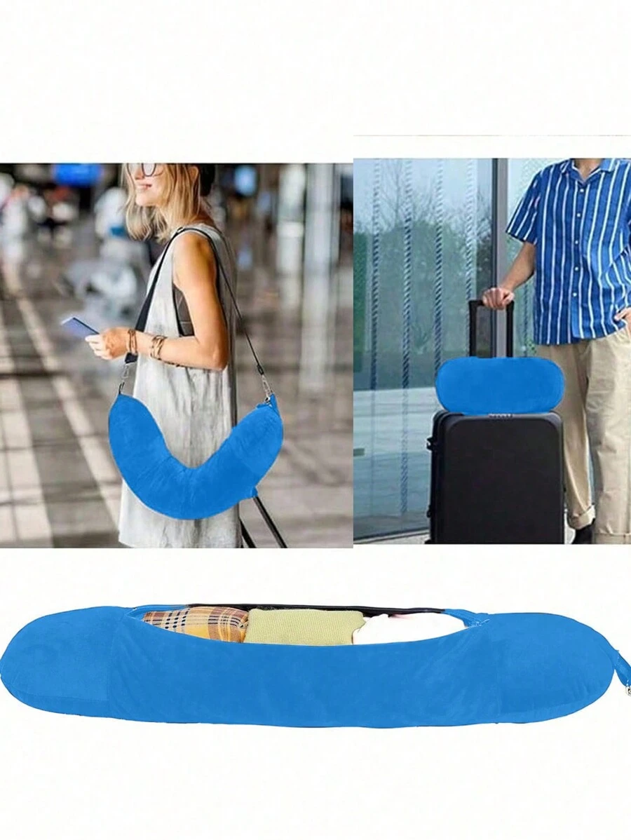 可填充式旅行頸枕，可用衣物塞滿的旅行枕頭，可放置充填物的旅行枕頭收納袋，折疊式旅行頸枕帶衣物間隔，適用於飛機旅行 - 藍色 - 查看 1
