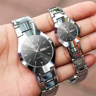 NARY 2pcs/Set Couple's Quartz Watch With Calendar Function, Business & Fashion Design, Ideal Valentine's Day Gift For Men & Women, Suitable For Daily Wear
