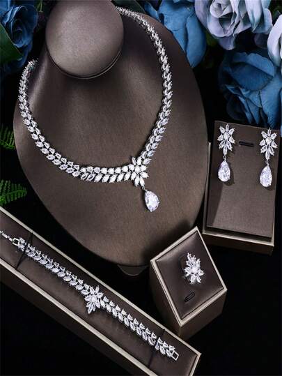 Conjunto de joyas de novia de 1 pieza, que incluye collar, pulsera, anillo y aretes. Conjunto de cristal de circonita cúbica de moda como accesorio para vestidos de fiesta, adecuado para vestidos de novia de estilo occidental