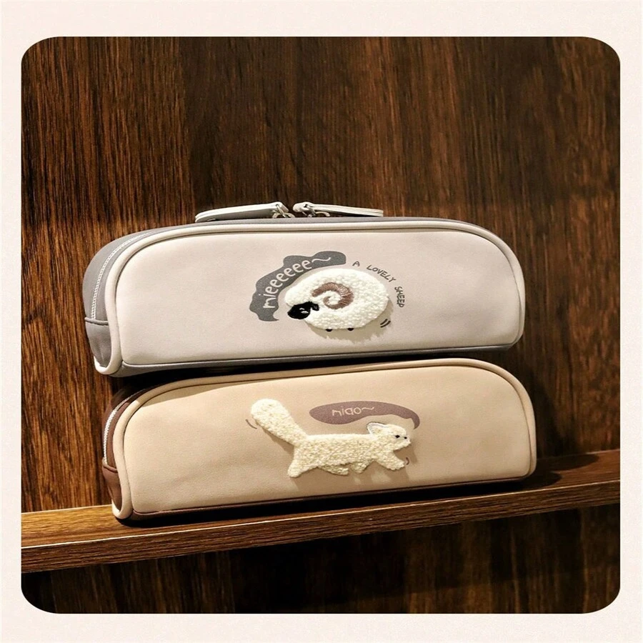 1pc Cute Sheep & Cat Design Large Capacity Pencil Case, Minimalist Aesthetic Stationery Pouch - Multicolor - View 1