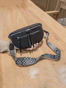 女士几何图案肩带高品质时尚简约软皮胸前斜挎包 - 黑色 - 查看 2