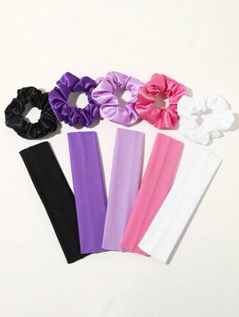 10 pièces Ensemble d'accessoires pour cheveux simples de couleur unie pour femmes incluant des bandeaux et des chouchous