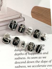 10片/套，短款、方形和圆形金属黑色美甲贴纸，手工制作的Y2K风格美甲贴片，适合日常生活、聚会、派对和舞会，包含1片果冻胶和1片美甲贴纸，按压式美甲贴纸，美甲用品 - 彩色 - 查看 1