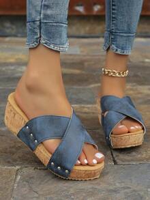 Korean Style Peep-Toe High Heel Slippers, Women's Summer Thick Waterproof Platform Wedge Heels With Rivets And Cross Straps, Suede Slope Heel Sandals - Blue - View 3