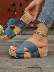 Korean Style Peep-Toe High Heel Slippers, Women's Summer Thick Waterproof Platform Wedge Heels With Rivets And Cross Straps, Suede Slope Heel Sandals - Blue - View 6
