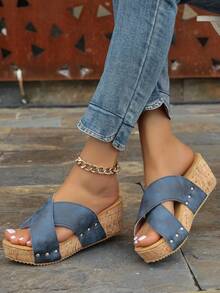 Korean Style Peep-Toe High Heel Slippers, Women's Summer Thick Waterproof Platform Wedge Heels With Rivets And Cross Straps, Suede Slope Heel Sandals - Blue - View 2