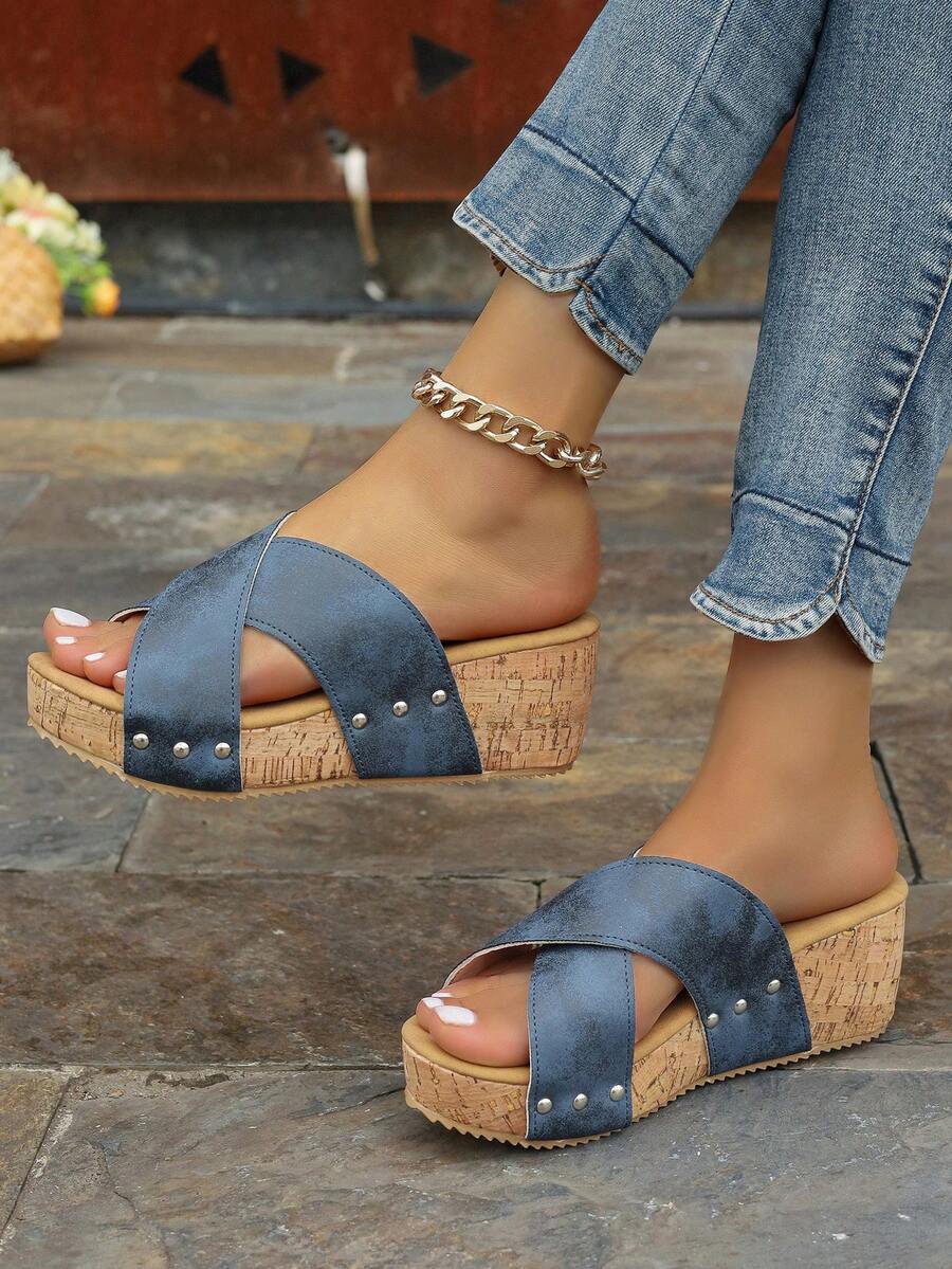 Korean Style Peep-Toe High Heel Slippers, Women's Summer Thick Waterproof Platform Wedge Heels With Rivets And Cross Straps, Suede Slope Heel Sandals - Blue - View 1