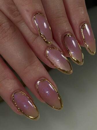 10Pcs Handmade Almond-Shaped Fake Nails With Pink Cat Eye & Shiny Gold Mirrored Powder, Fashionable And Upscale Press On Nails Nail Supplies Nails