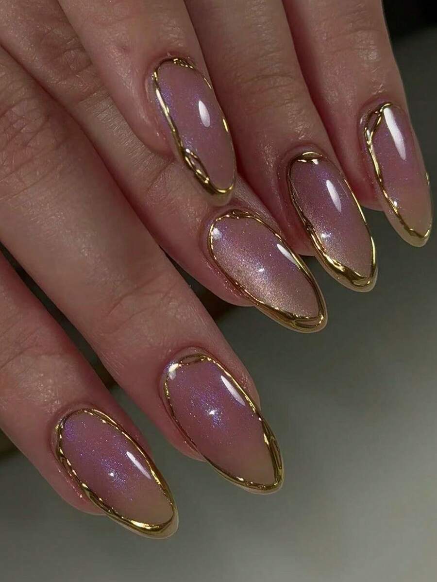 10Pcs Handmade Almond-Shaped Fake Nails With Pink Cat Eye & Shiny Gold Mirrored Powder, Fashionable And Upscale Press On Nails Nail Supplies Nails - Purple - View 1