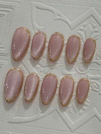 10Pcs Handmade Almond-Shaped Fake Nails With Pink Cat Eye & Shiny Gold Mirrored Powder, Fashionable And Upscale Press On Nails Nail Supplies Nails