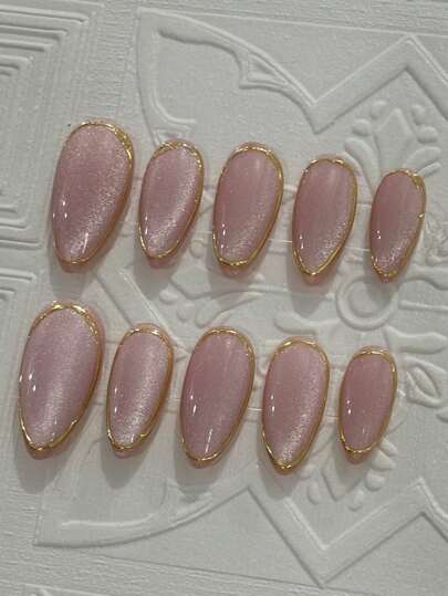 10Pcs Handmade Almond-Shaped Fake Nails With Pink Cat Eye & Shiny Gold Mirrored Powder, Fashionable And Upscale Press On Nails Nail Supplies Nails