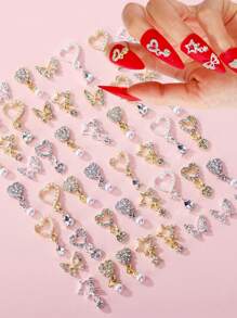 40 Piezas Dijes colgantes con forma de corazón, Diamantes de imitación de cristal, Gemas y Piedras decorativas para Uñas, Charms en color dorado y plateado para Diseño de Uñas, Accesorios Variados para Decoración de Uñas para el Día de los Enamorados
