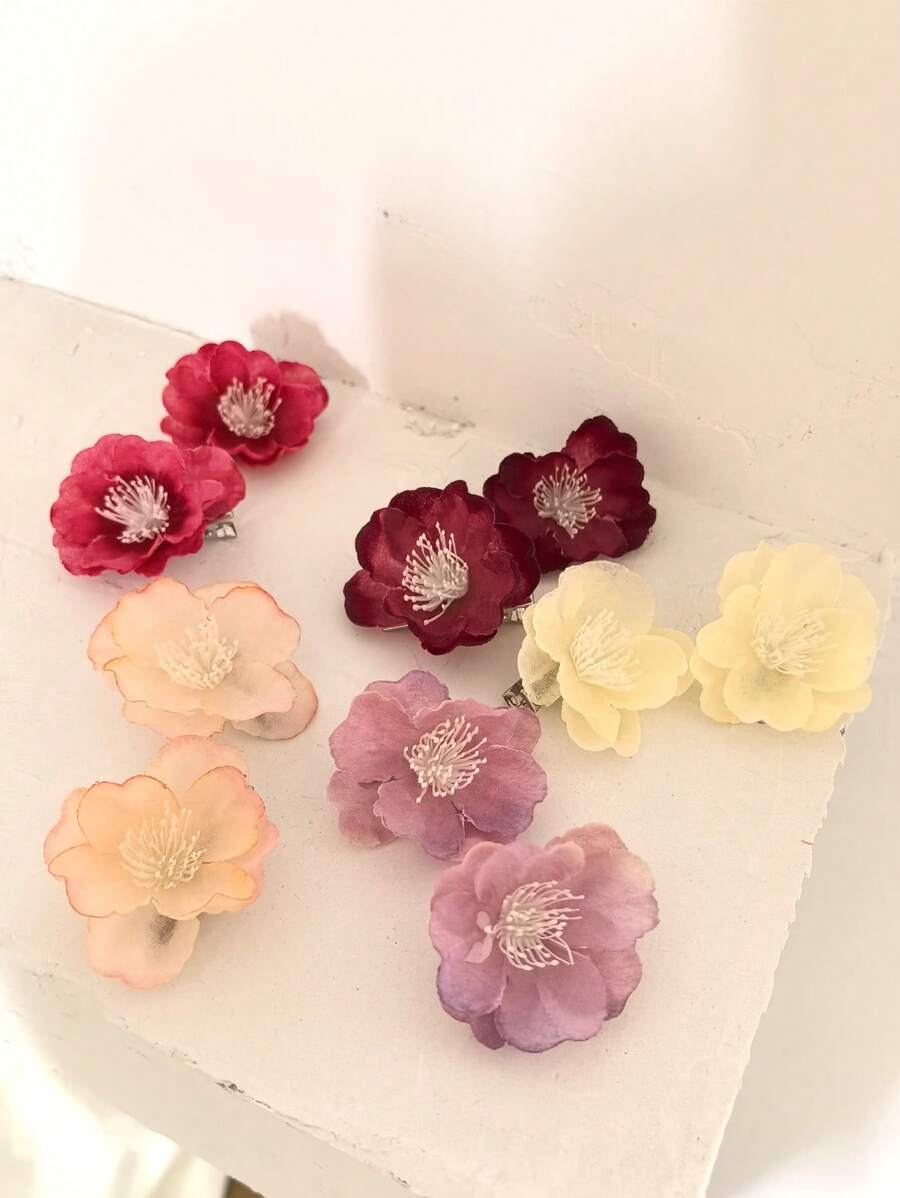 10个随机颜色可爱布艺花朵装饰发夹，情人节礼物，爪夹，发卡，上学用品，度假装扮，女士发饰