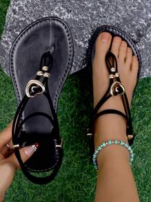 一双女士人字拖凉鞋，女士夏季平底鞋，简单百搭，罗马旅游，海边，泰国度假 - 黑色 - 查看 1