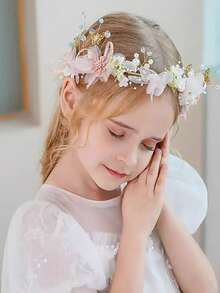 1pc Children's Flower Crown Headband, Princess Style Pearls Ribbon Hair Hoop ,Fairy Headpiece Wreath, Exquisite Decorative Design, Sparkling Head Jewelry, Delicate Wreath Style, Bridal Hair Accessories ,For Wedding And Party, Lovely Ornaments For Girls - Multicolor - View 5
