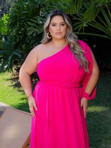 Women's Plus Size Long Dress With Single Sleeves And Slit And Delicate Belt - Rosa Fucsia - Ver 5