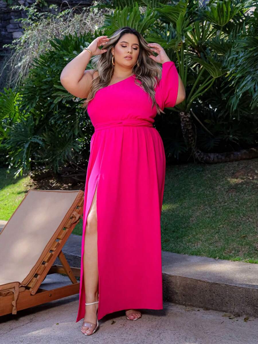 Women's Plus Size Long Dress With Single Sleeves And Slit And Delicate Belt - Rosa Fucsia - Ver 1