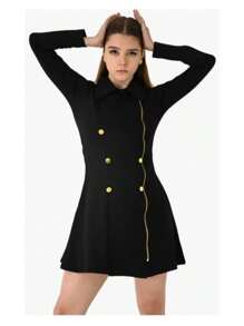 vestido corto con botonadura dorada con cierre cómodo y sexy ideal para fiestas - Negro - Ver 2