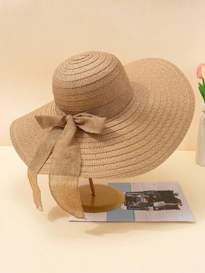 1pc Women's Rainbow Contrast Color Wide Brim Straw Hat, Fashion Casual Beach Sun Hat