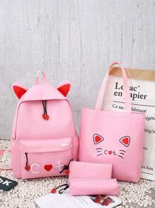 4入組大容量貓紋布質後背包和肩背包，適用於中高學生