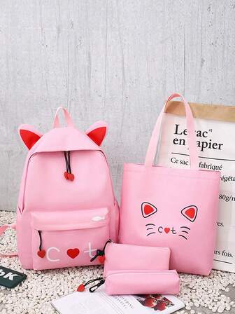 4pcs Set Of Large Capacity Cat Pattern Cloth Material Backpack And Shoulder Bag, Suitable For Middle And High School Students