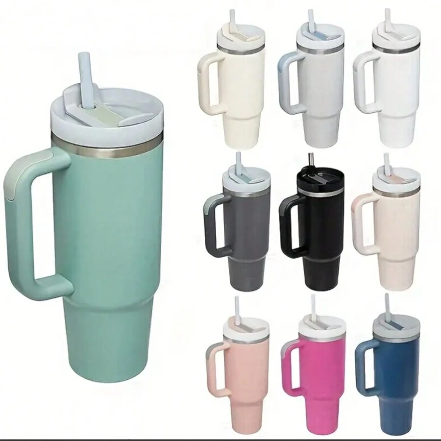 1pc 40 Oz Stainless Steel  Tumbler With Handle Lids Travel Mug Car Water Bottle Insulated - Pink - View 1